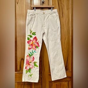 Ralph Lauren Jeans Vibrant Tropical Flower Print on White Flecked Denim, VGUC 16